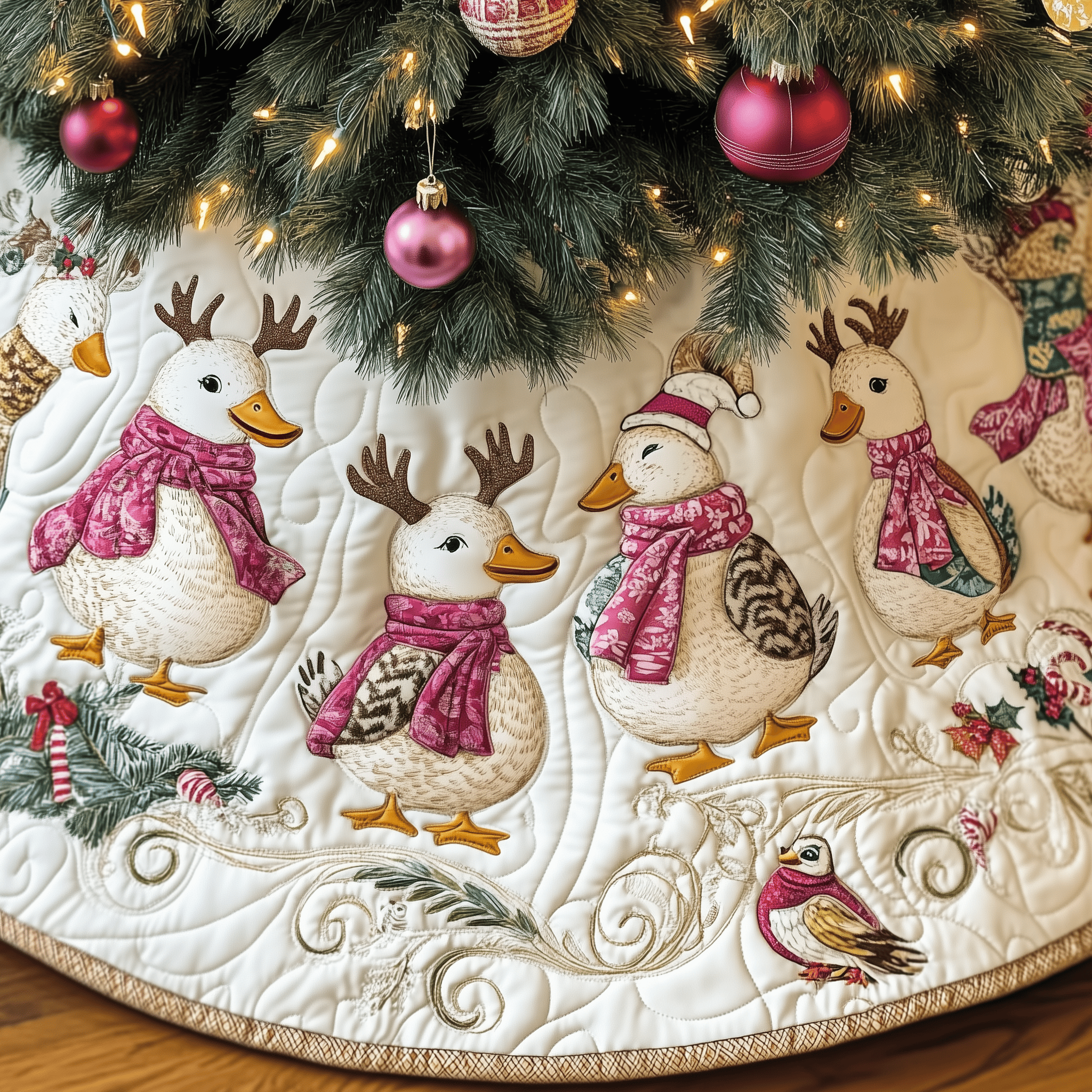 Pink Duck Quilted Tree Skirt Perfect Gift Merch For Her