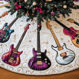 Festive Swirl Guitars Quilted Tree Skirt Warm Gift Merch For Family
