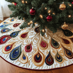 Shimmering Peacock Quilted Tree Skirt Lovely Gift Merch For Couples