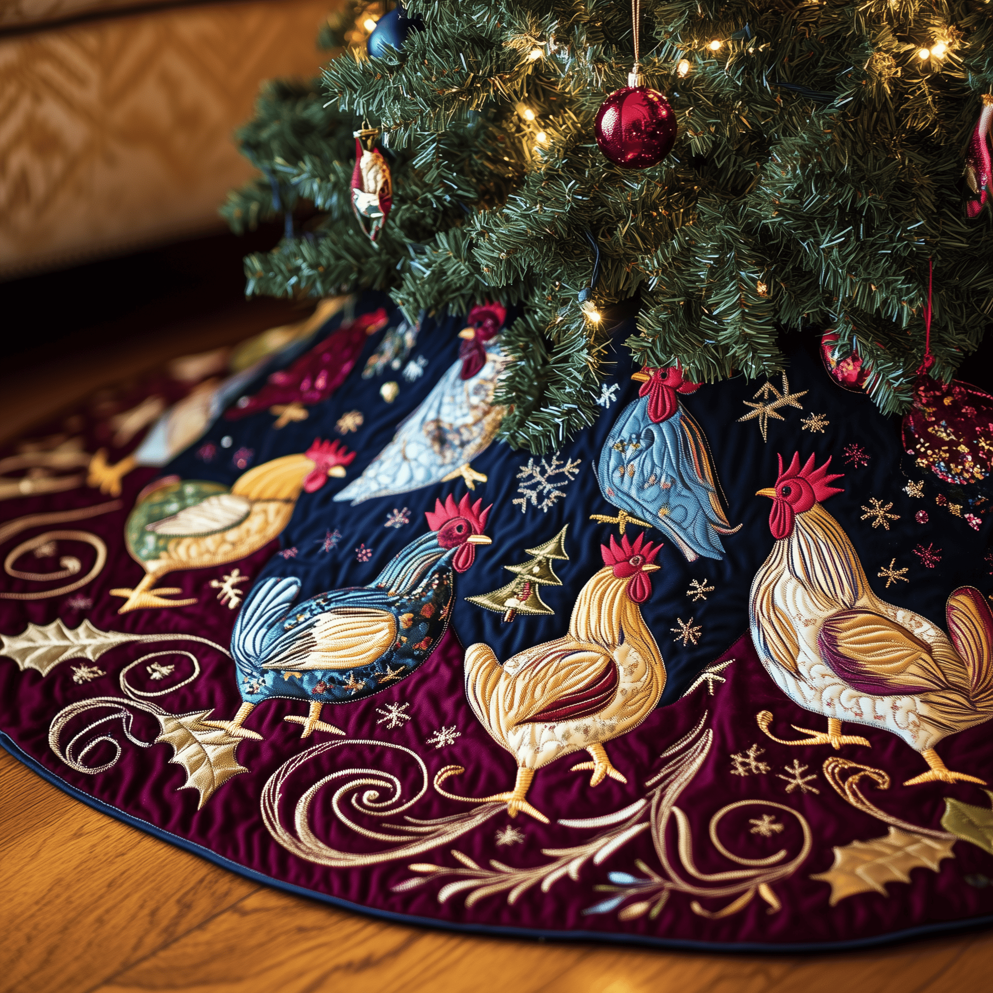 Festive Chicken Quilted Tree Skirt Stylish Holiday Decor Gift Merch