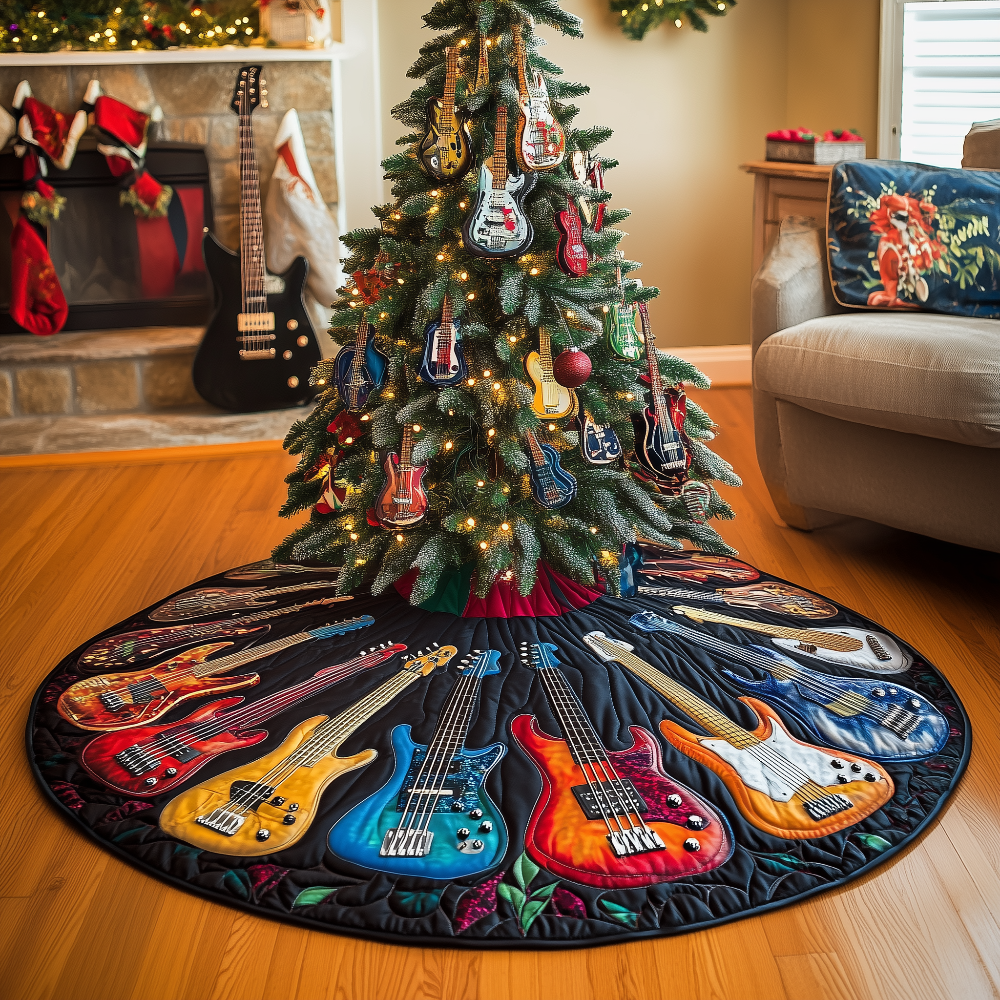 Guitar Bass Quilted Tree Skirt Cozy Home Decor Gift Merch