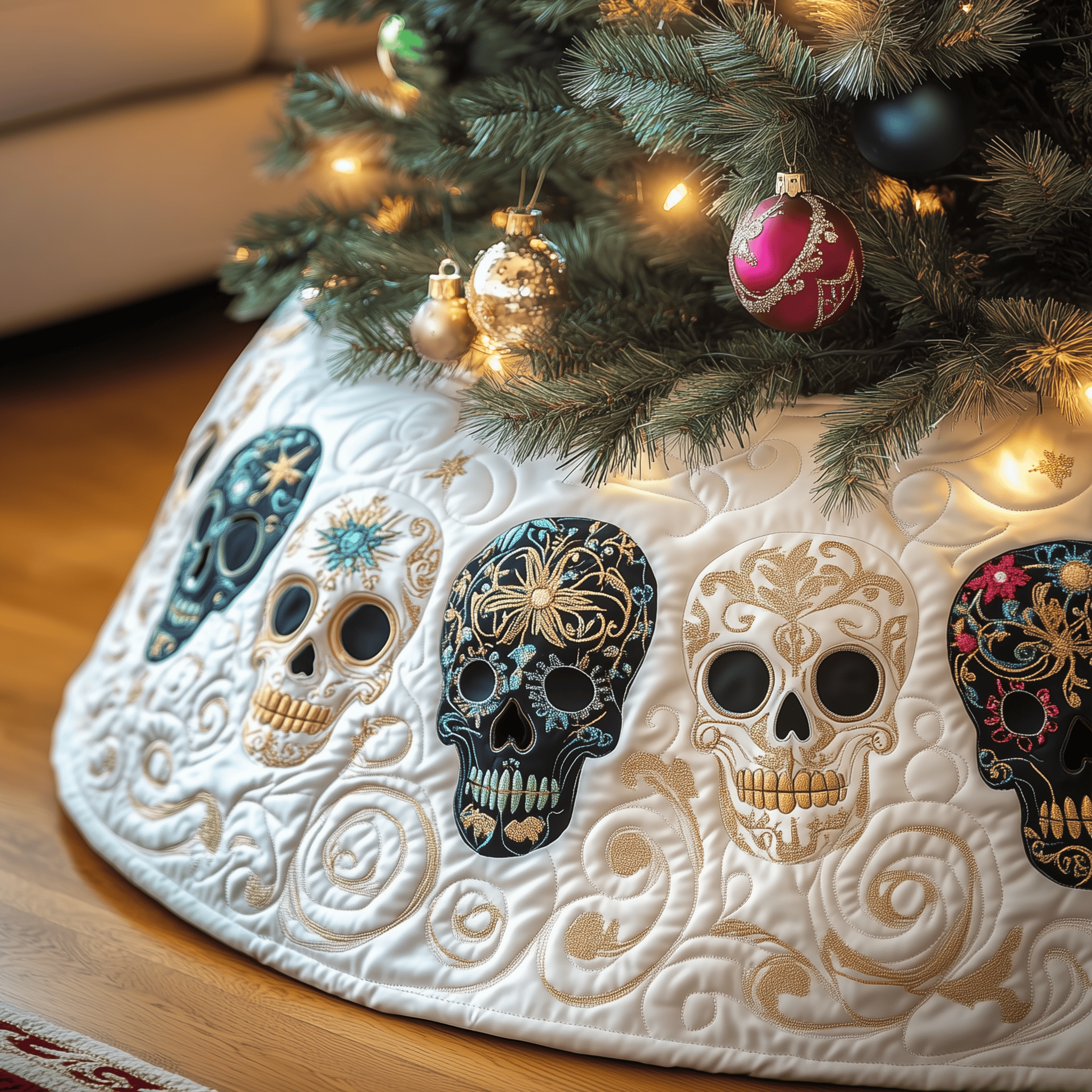 Festive Skull Quilted Tree Skirt Festive Tree Skirt Gift Choice
