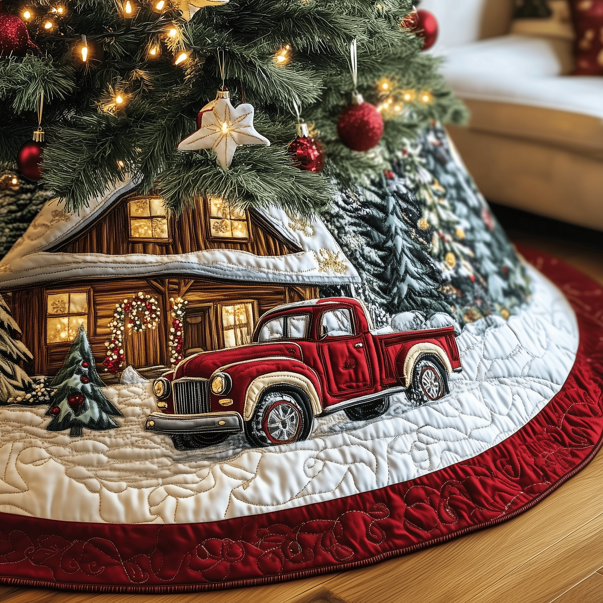 Vintage Snowy Cabin Quilted Tree Skirt Holiday Gift Merch