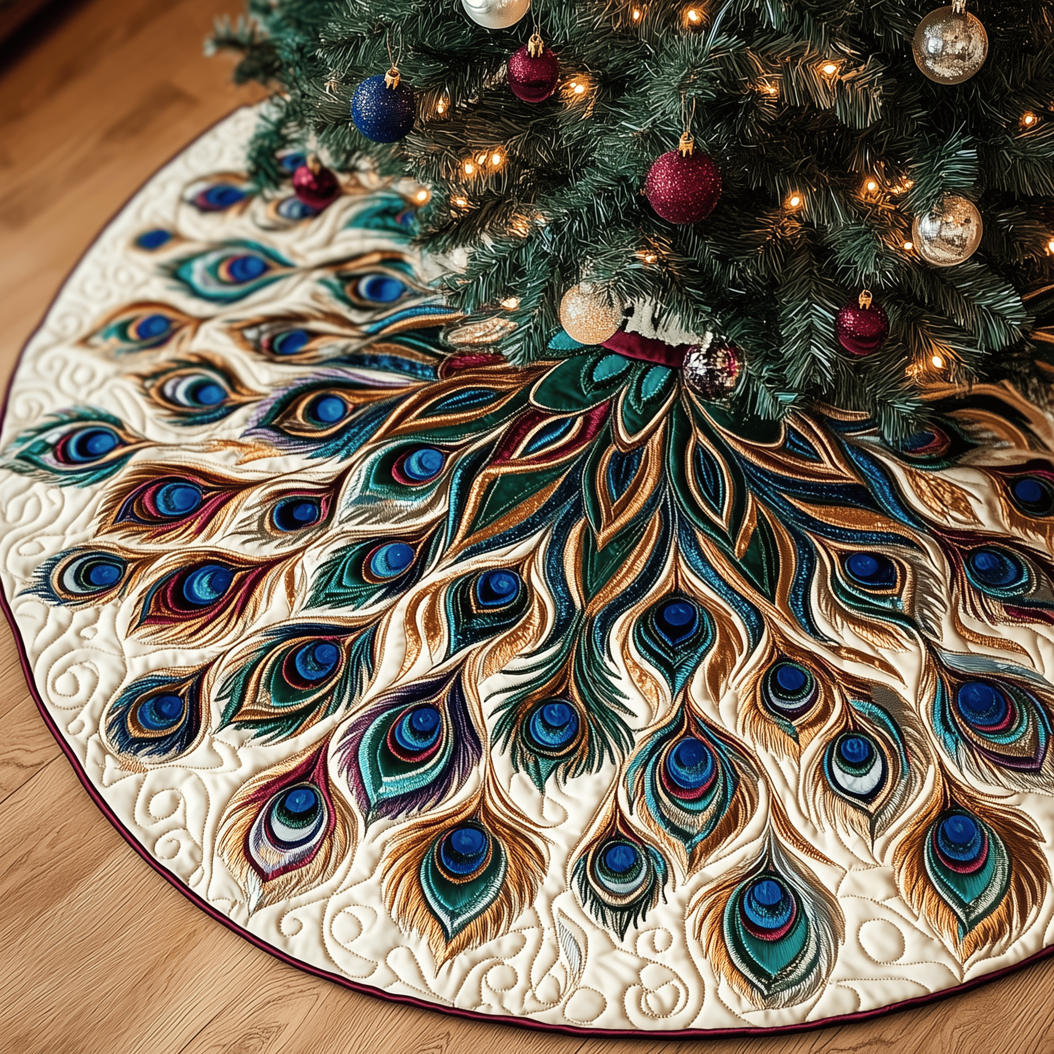 Shimmering Peacock Quilted Tree Skirt Joyful Home Merch Collection