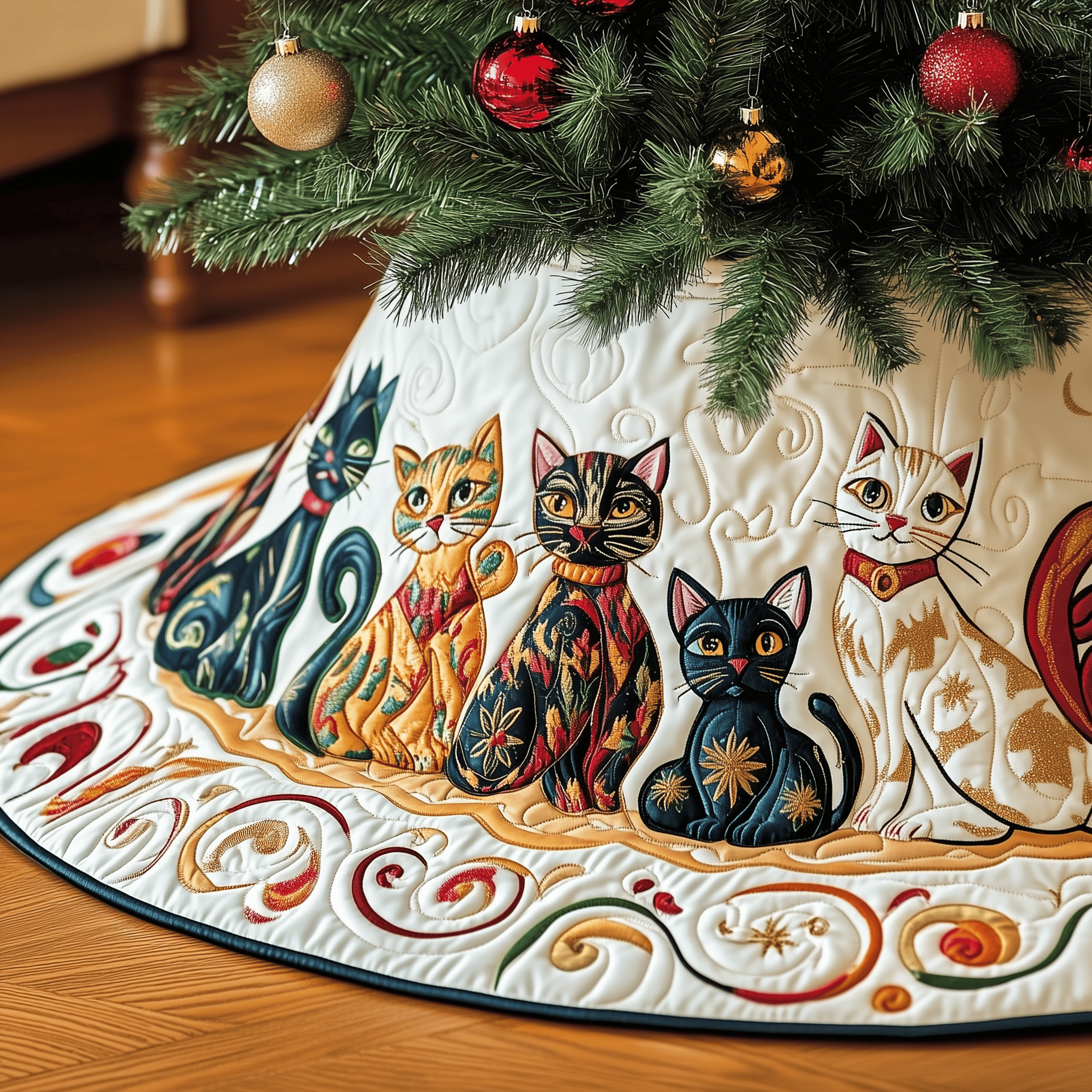 Festive Folk Art Cat Quilted Tree Skirt Beautiful Christmas Home Merch