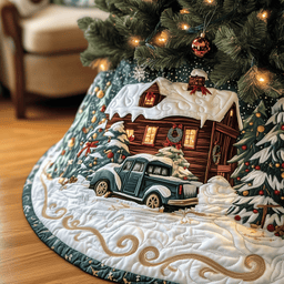 Vintage Snowy Cabin Quilted Tree Skirt Joyful Home Merch Collection