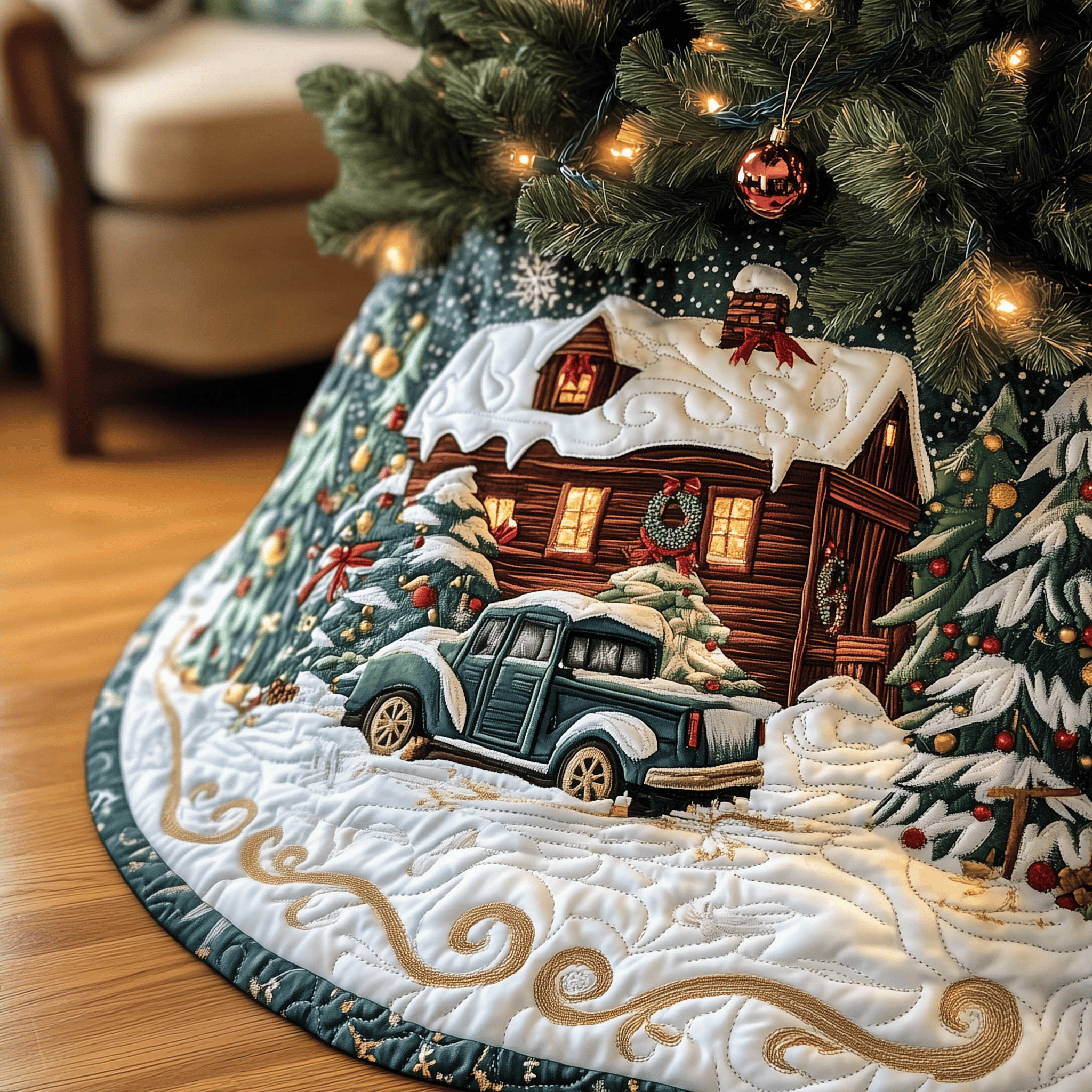 Vintage Snowy Cabin Quilted Tree Skirt Joyful Home Merch Collection