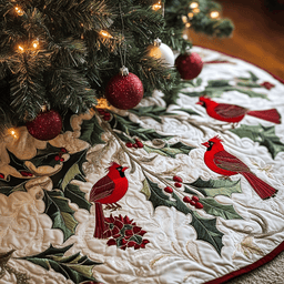 Red Cardinal Quilted Tree Skirt Elegant Christmas Tree Decor Merch