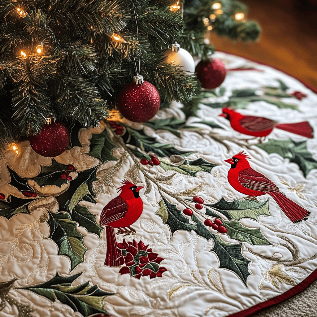 Red Cardinal Quilted Tree Skirt Elegant Christmas Tree Decor Merch
