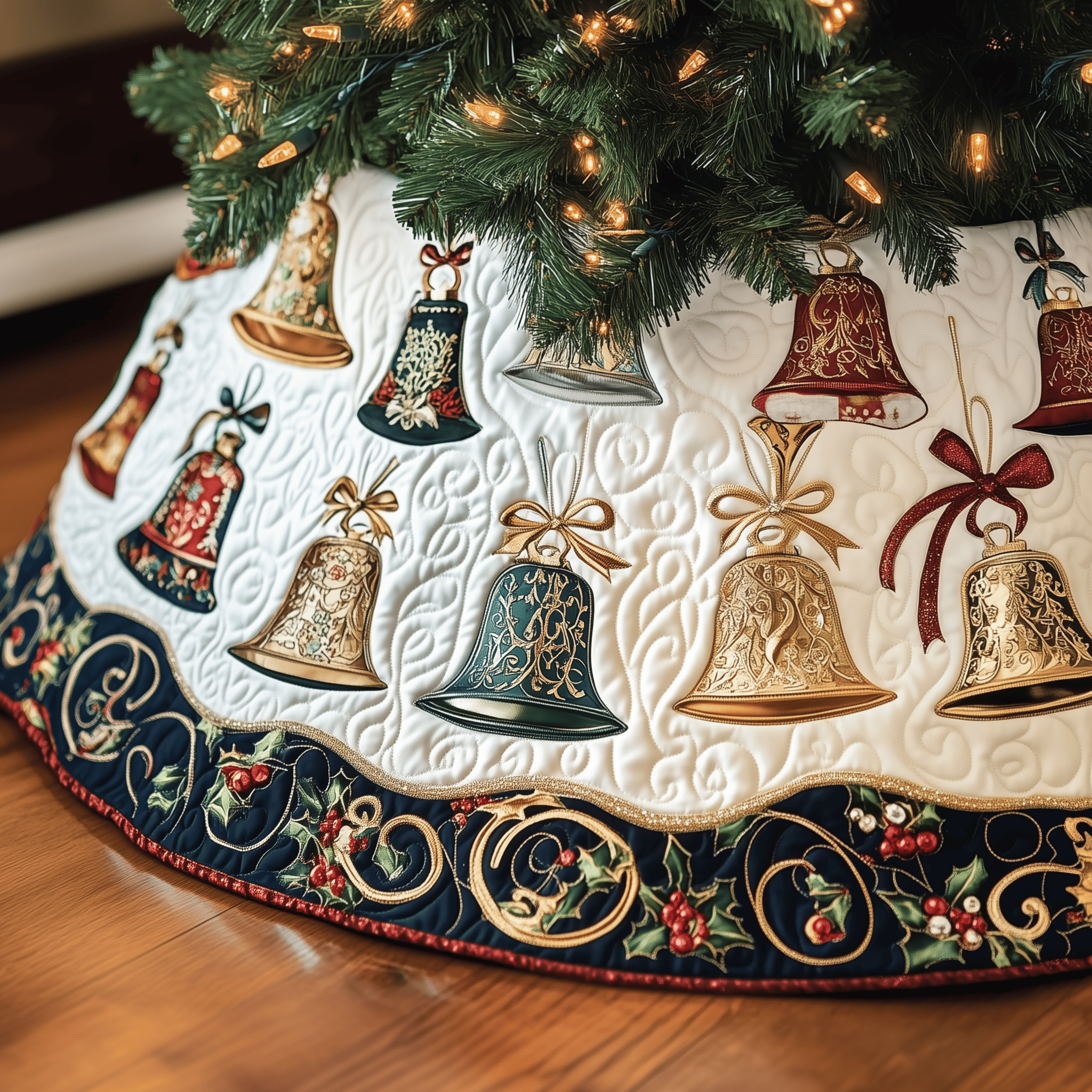 Vintage Christmas Bells Quilted Tree Skirt Best New Year Gift Merch