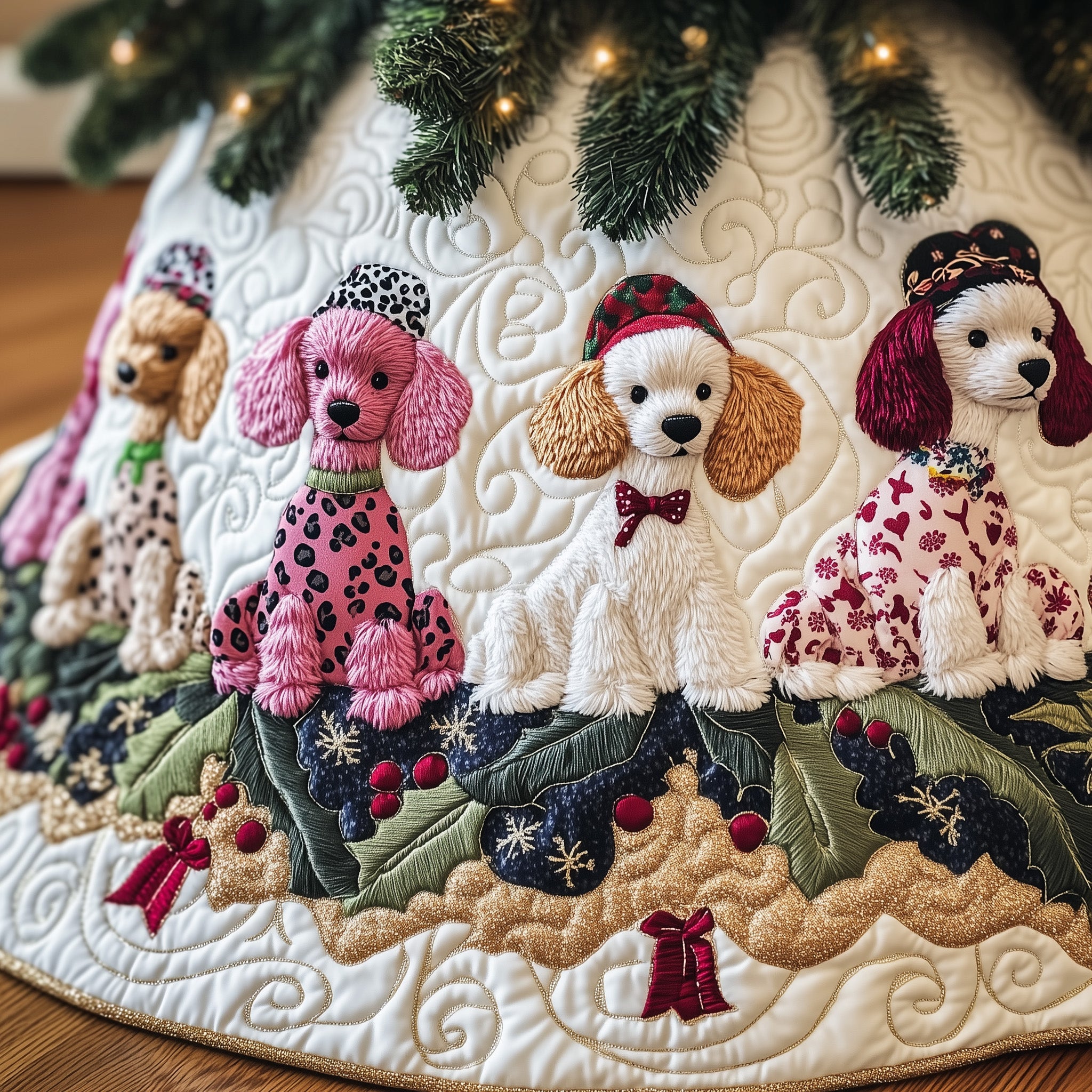 Poodle Charm Quilted Tree Skirt Festive Living Room Merch