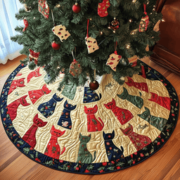 Playful Cat Quilted Tree Skirt Beautiful Christmas Home Merch