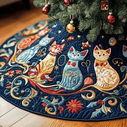 Festive Folk Art Cat Quilted Tree Skirt Festive Living Room Merch