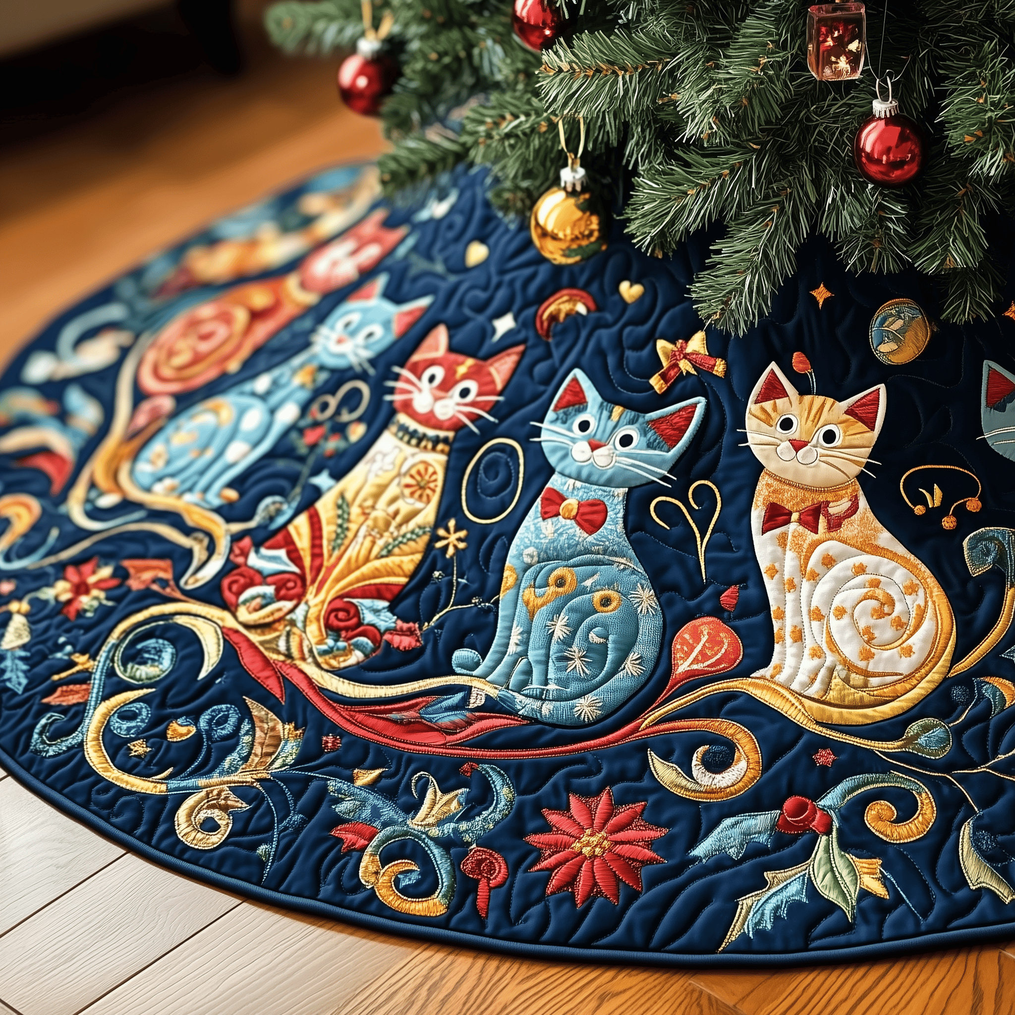 Festive Folk Art Cat Quilted Tree Skirt Festive Living Room Merch