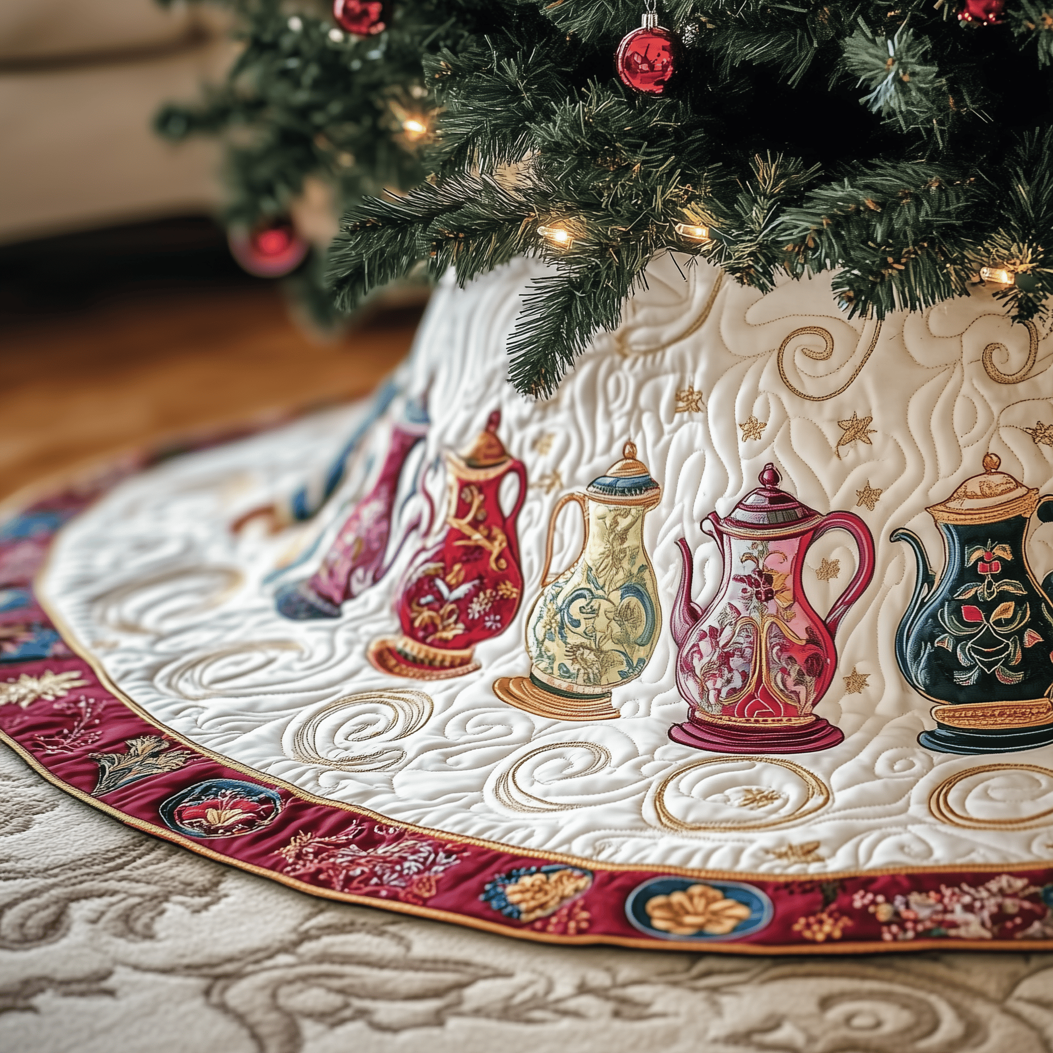 Festive Teapot Quilted Tree Skirt Perfect Christmas Gift Merch