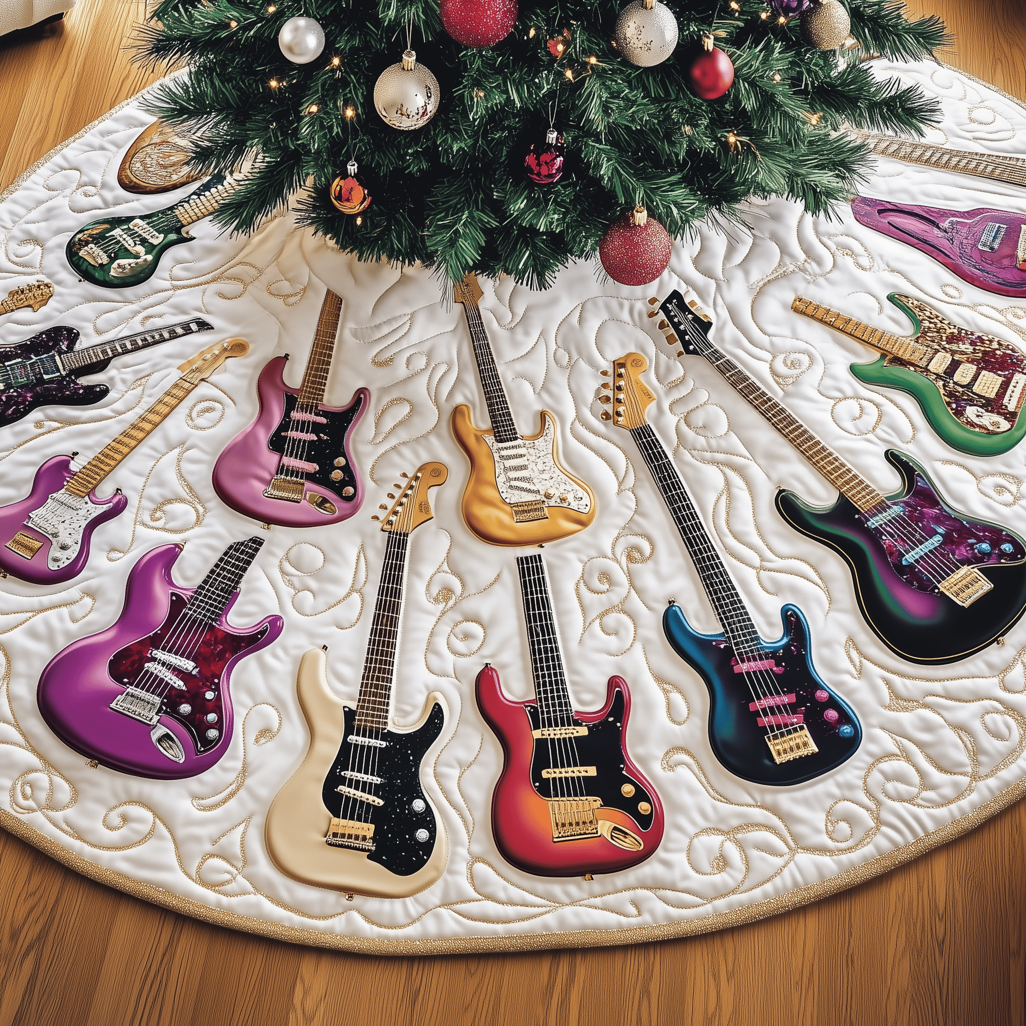 Festive Swirl Guitars Quilted Tree Skirt Cozy Home Decor Gift Merch