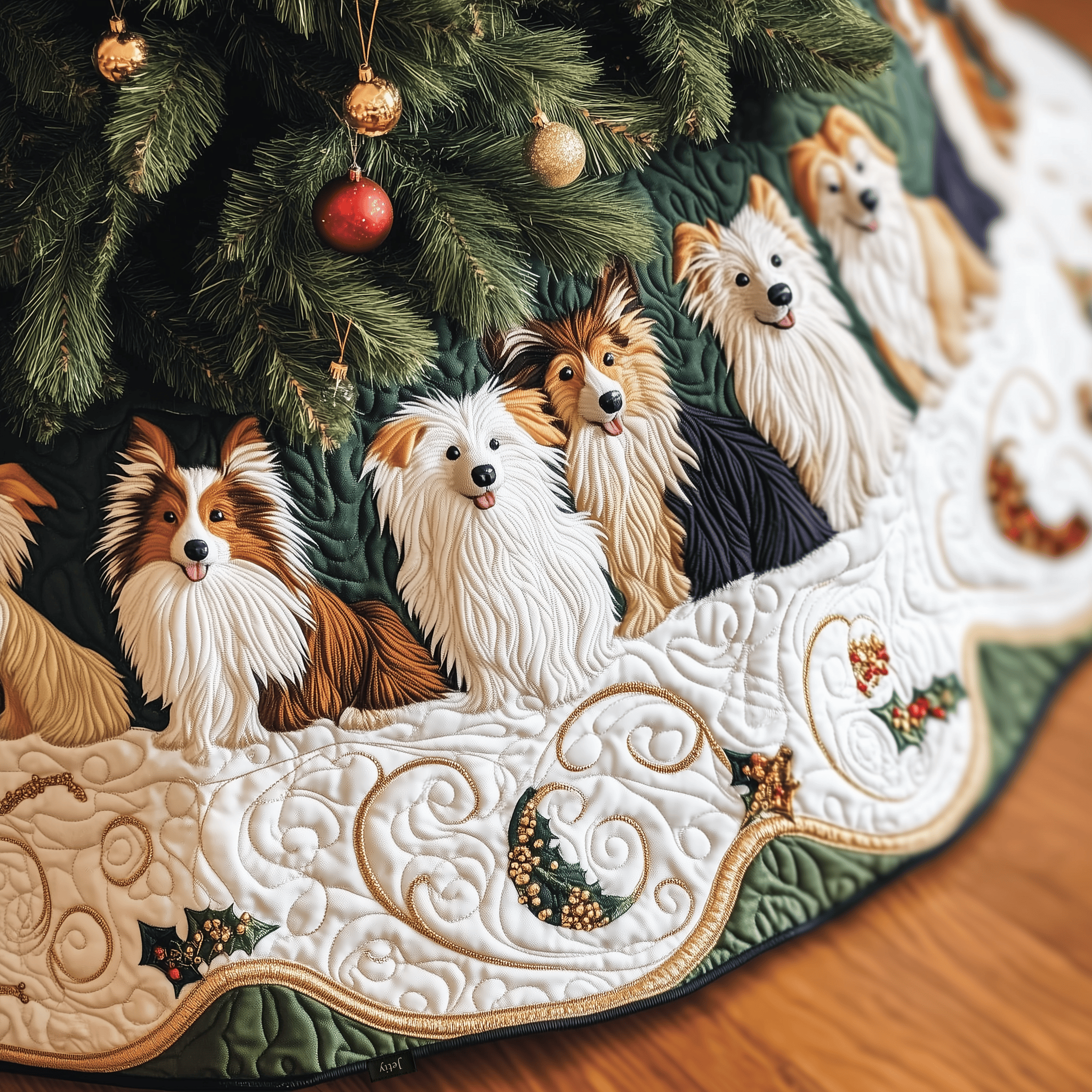 Festive Shetland Sheepdog Quilted Tree Skirt Stylish Holiday Decor Gift Merch