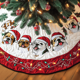 Festive English Bulldog Quilted Tree Skirt Joyful Holiday Season Gift Merch