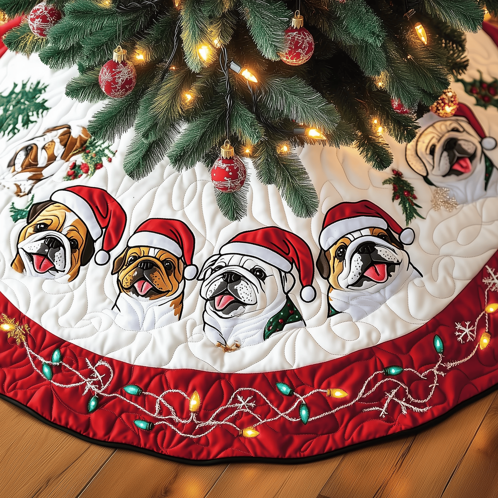Festive English Bulldog Quilted Tree Skirt Joyful Holiday Season Gift Merch