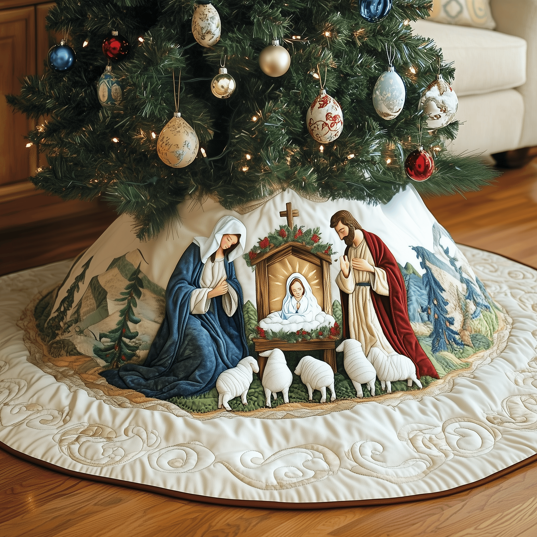 Nativity Scene Quilted Tree Skirt Joyful Holiday Season Gift Merch(1)