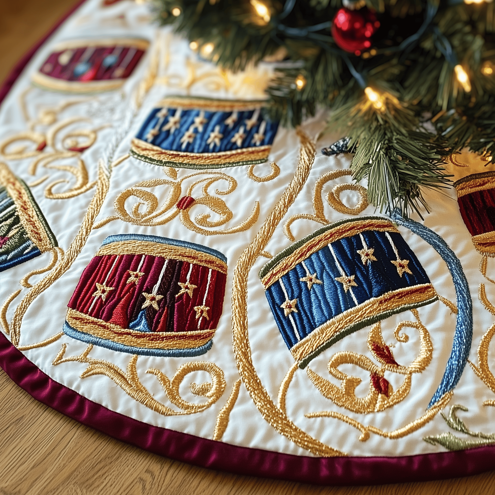 Swirl Drum Christmas Quilted Tree Skirt Cozy Home Decor Gift Merch
