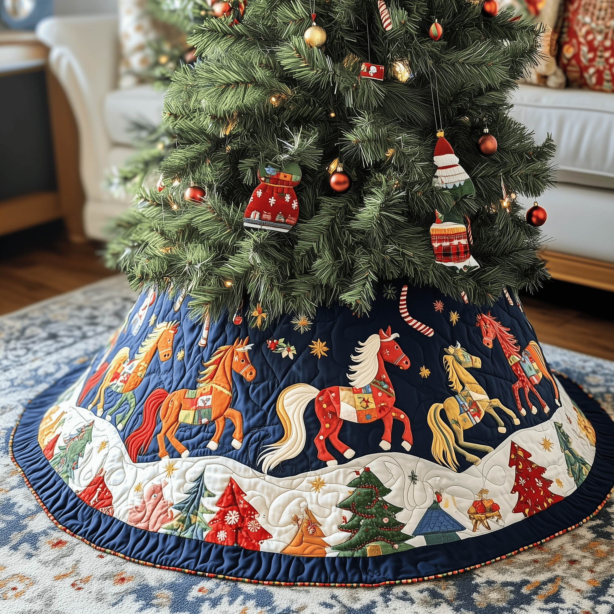 Horse Quilted Tree Skirt Warm Winter Home Merch