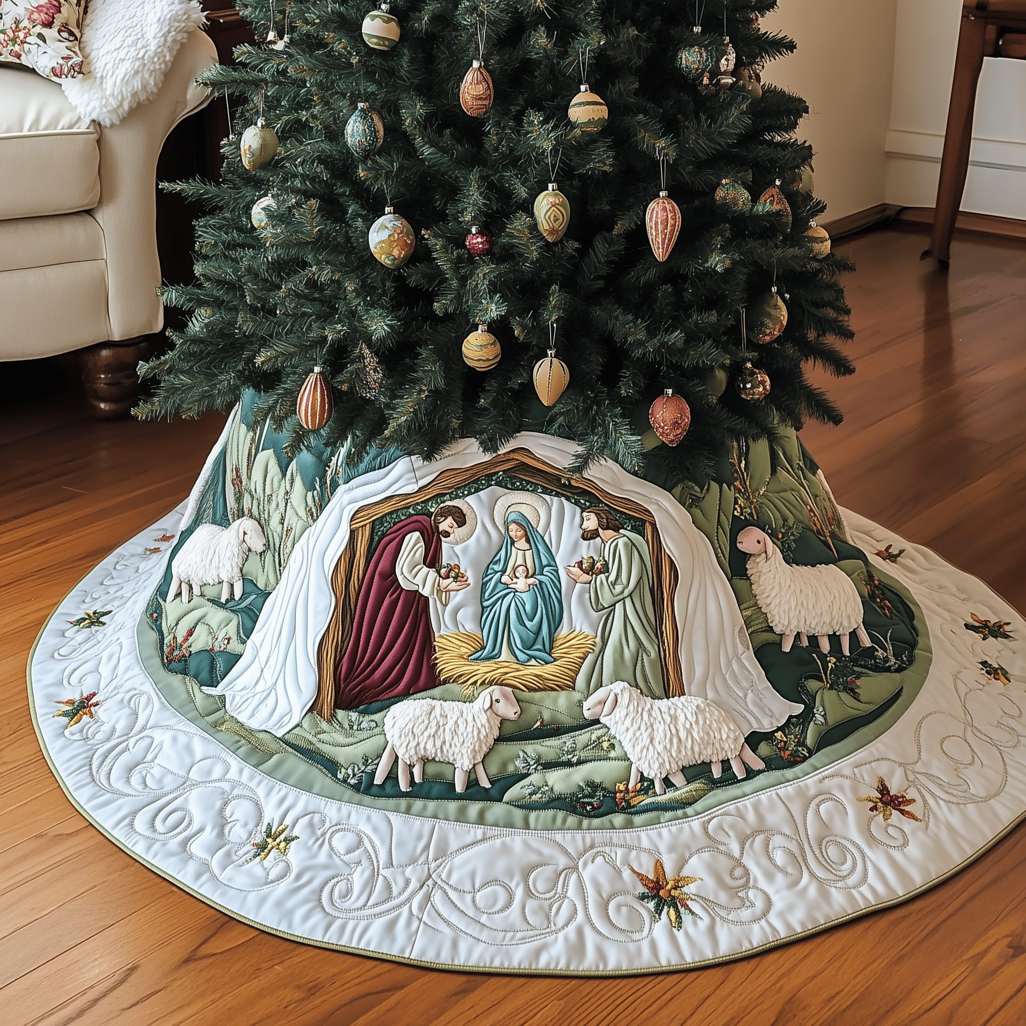 Nativity Scene Quilted Tree Skirt Best Gift Merch For Him
