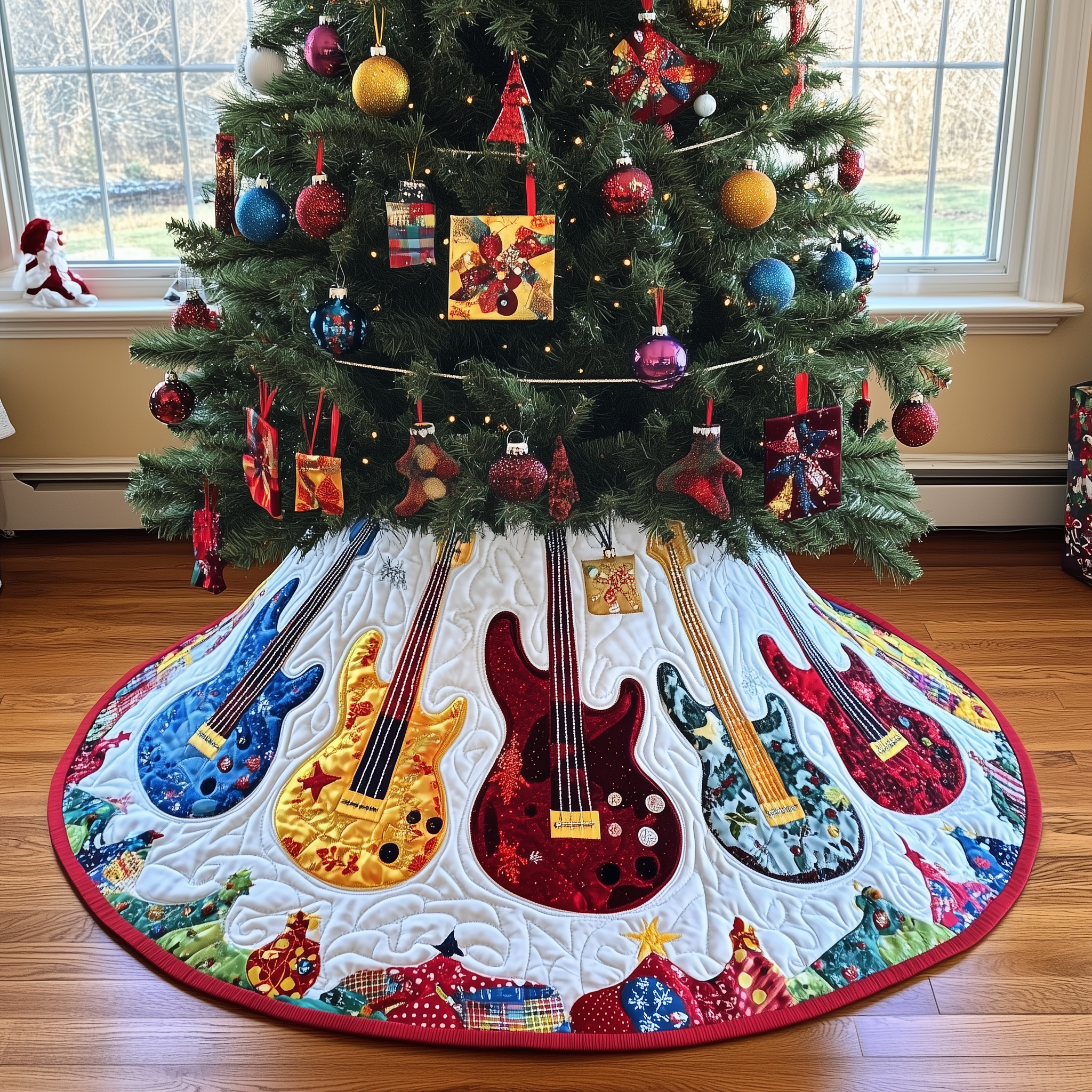 Festive Guitars Quilted Tree Skirt Joyful Holiday Season Gift Merch