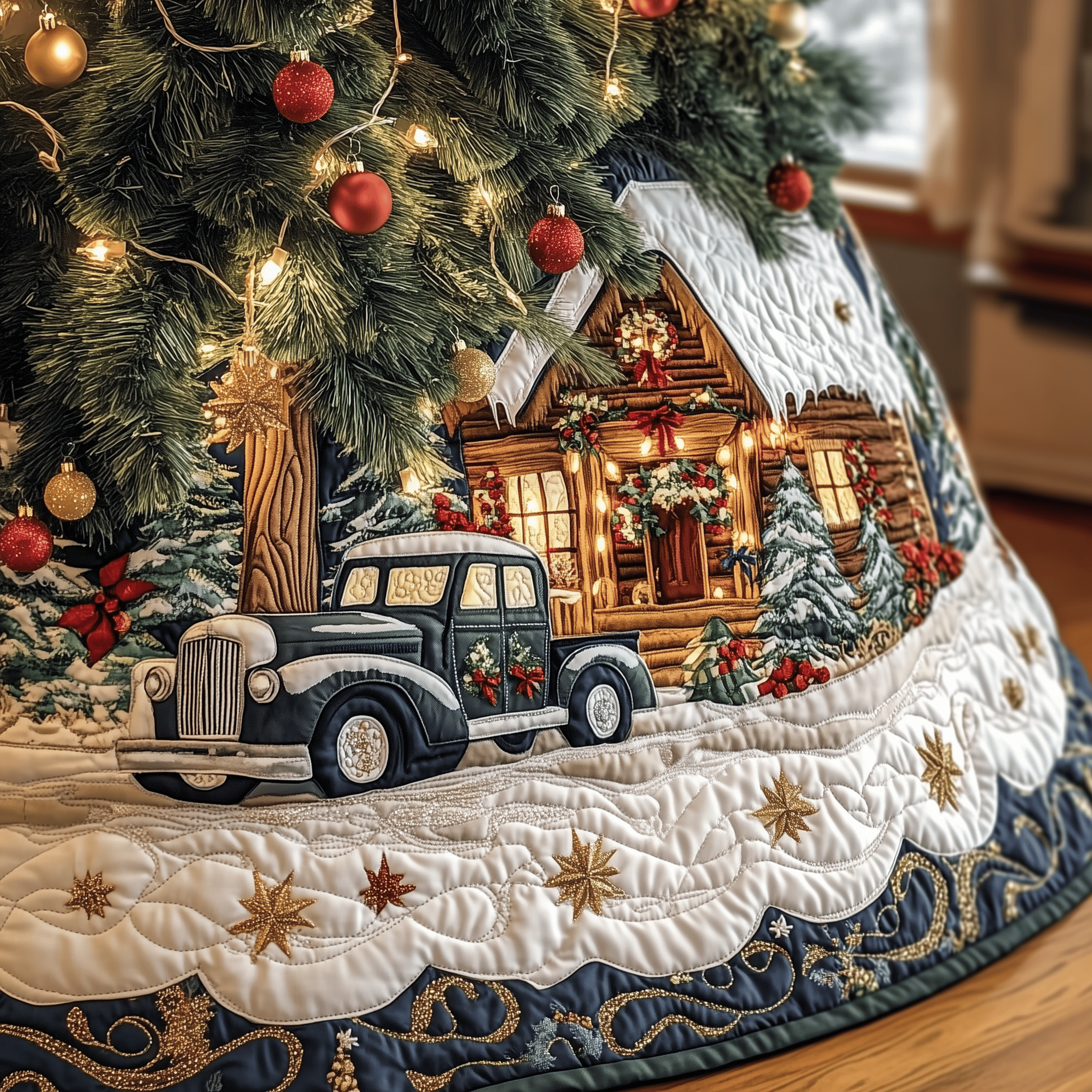 Vintage Snowy Cabin Quilted Tree Skirt Magical Christmas Spirit Merch