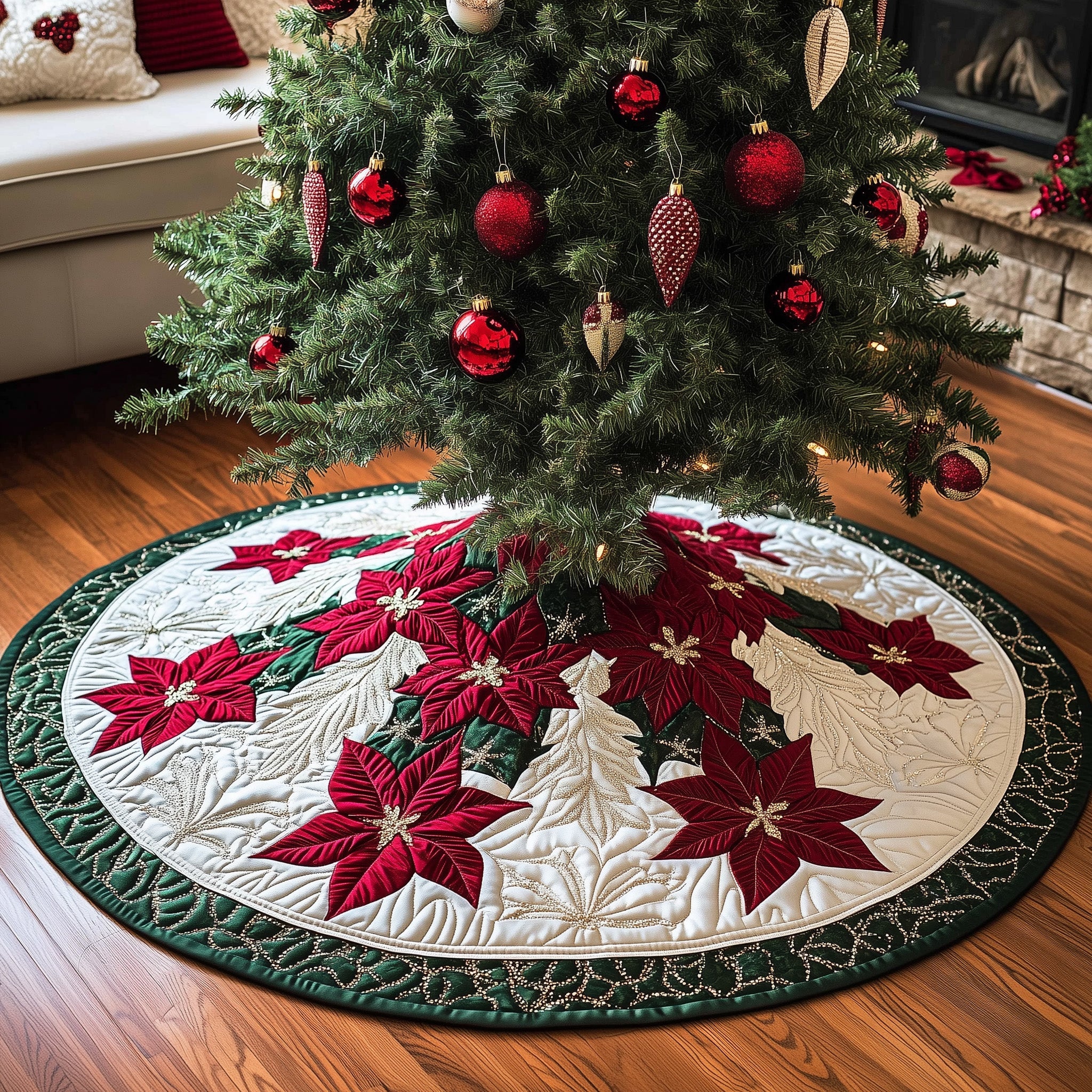 Poinsettia Bliss Quilted Tree Skirt Heartwarming Father�s Day Gift Merch