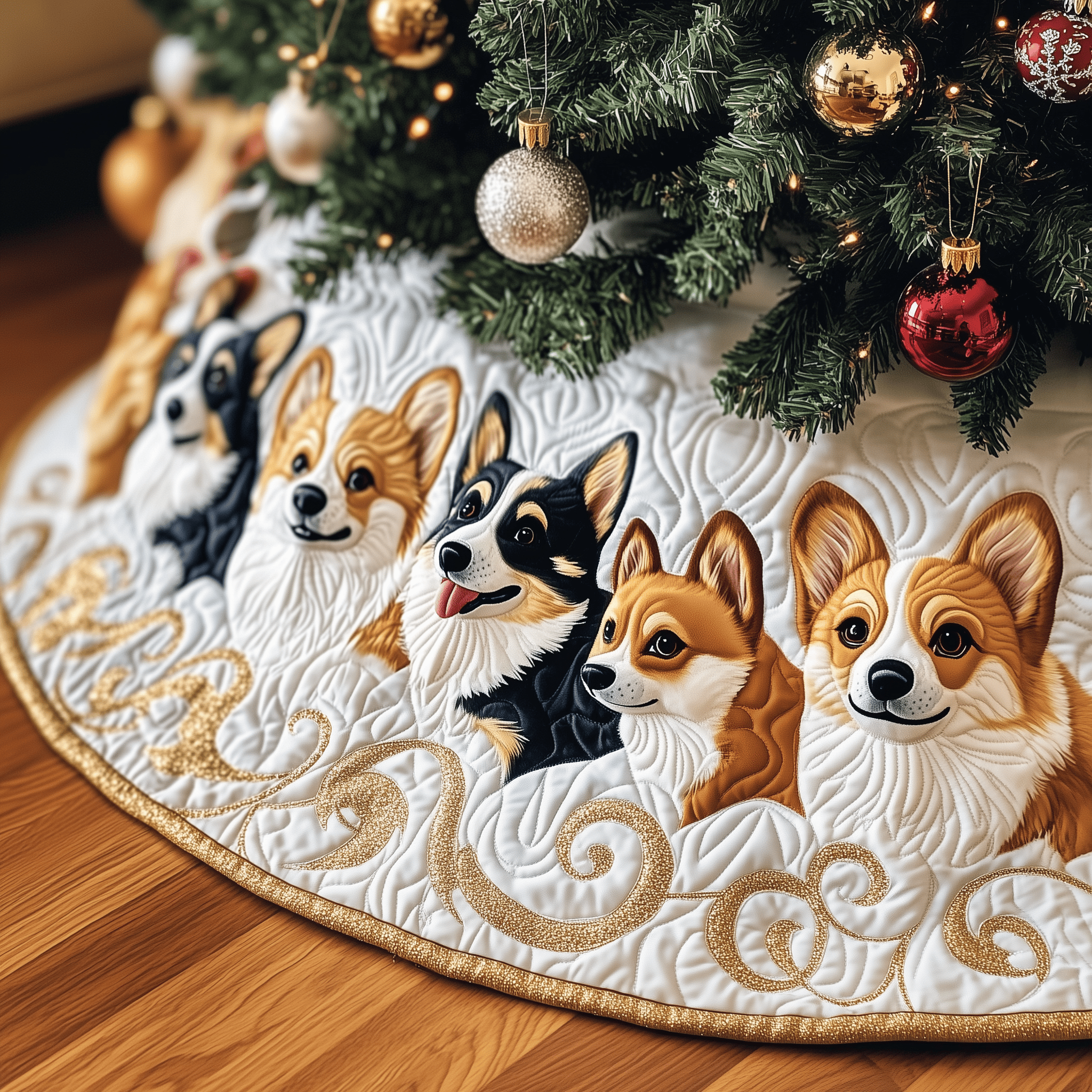 Joyful Christmas Corgi Quilted Tree Skirt Unique Gift Merch For Friends