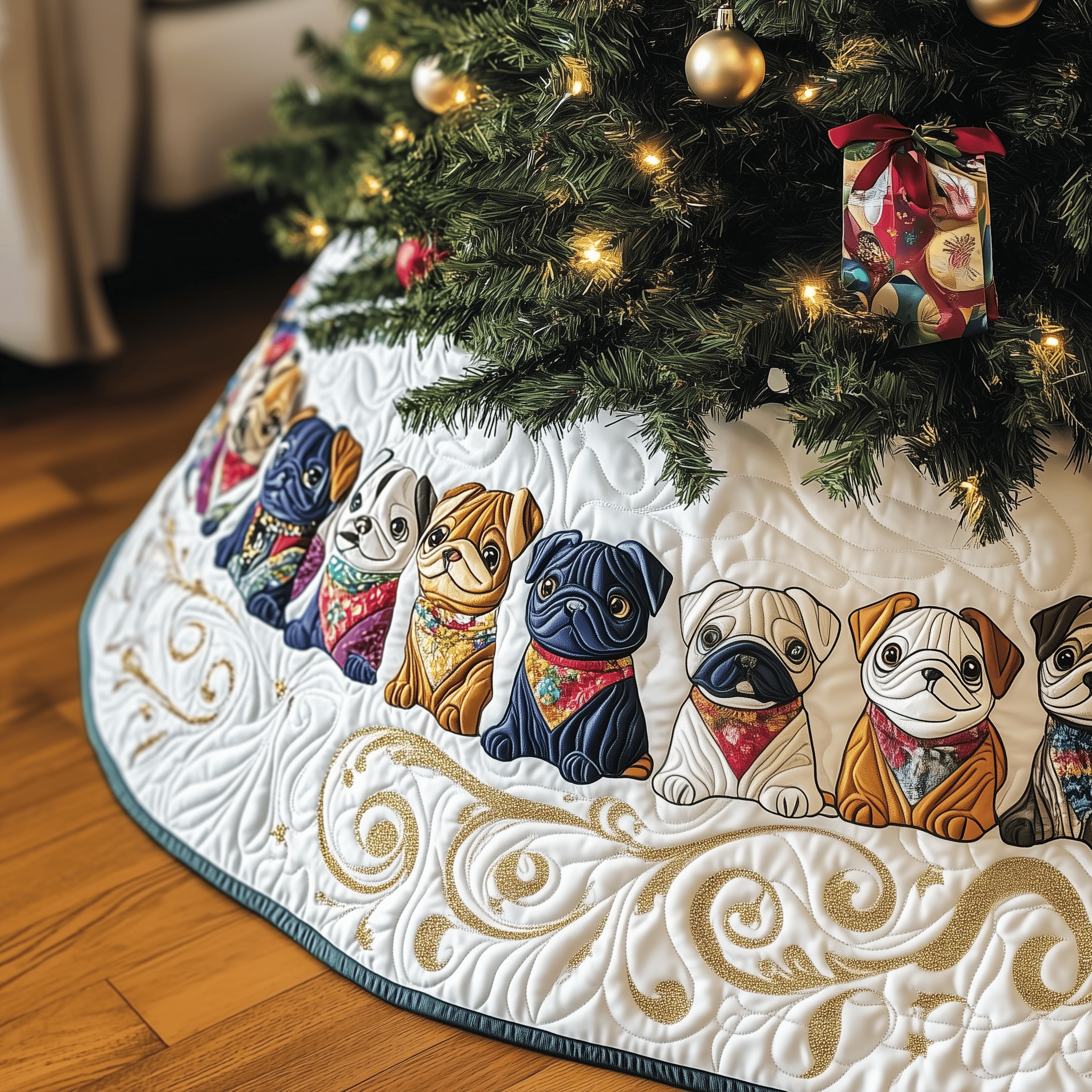 Festive French Bulldog Quilted Tree Skirt Charming Tree Skirt Gift Idea