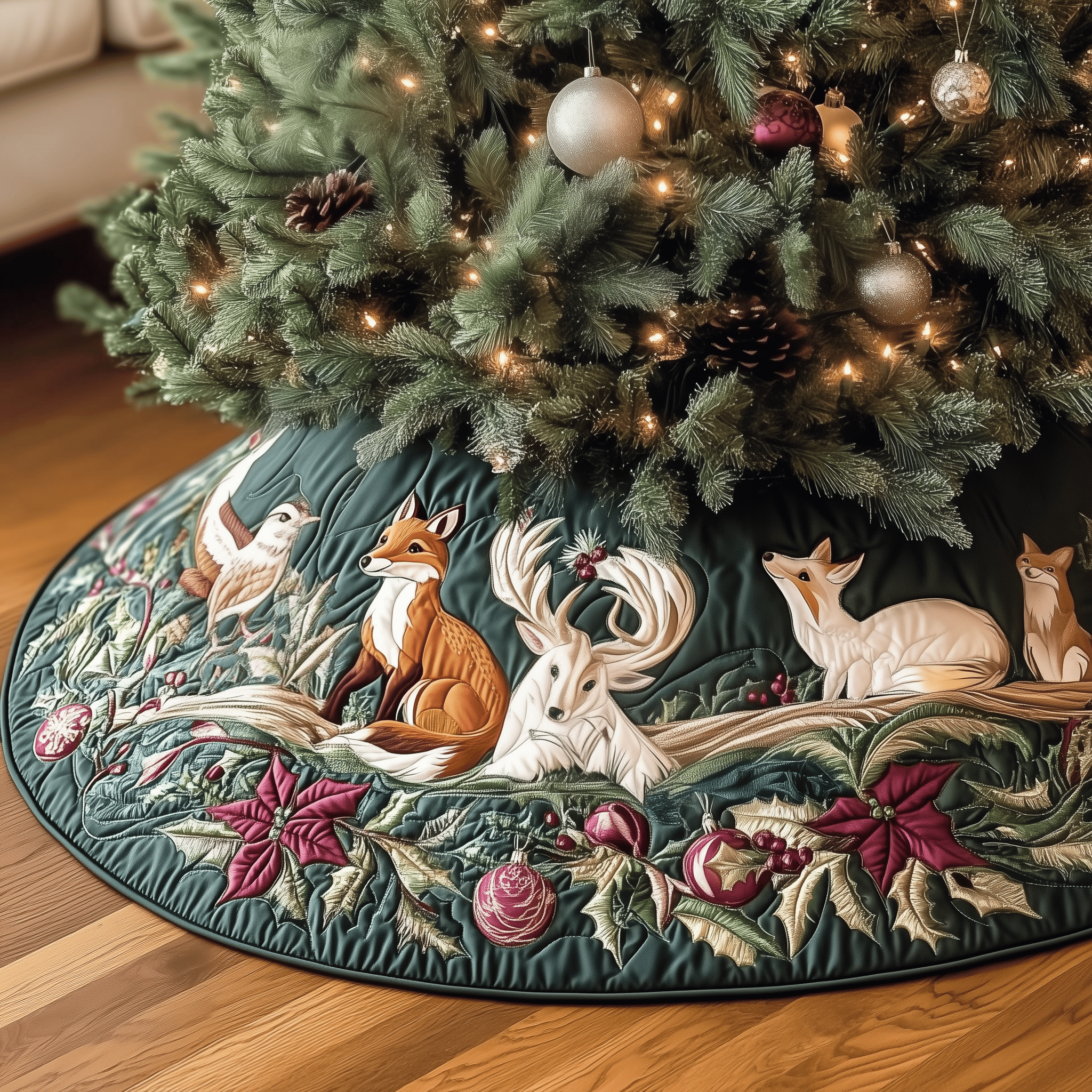 Woodland Animals Quilted Tree Skirt Cozy Home Decor Gift Merch