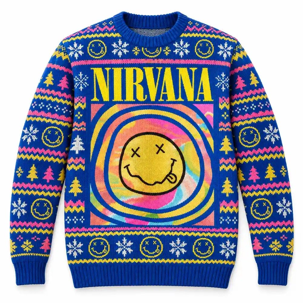 Nirvana Merch Psychedelic Spiral Smiley Face Christmas Ugly Sweater Rockers Gift