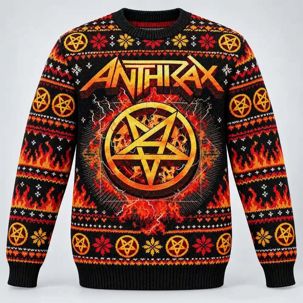 Anthrax Merch Flaming Star Pentagram Logo Christmas Ugly Sweater Rockers Gift