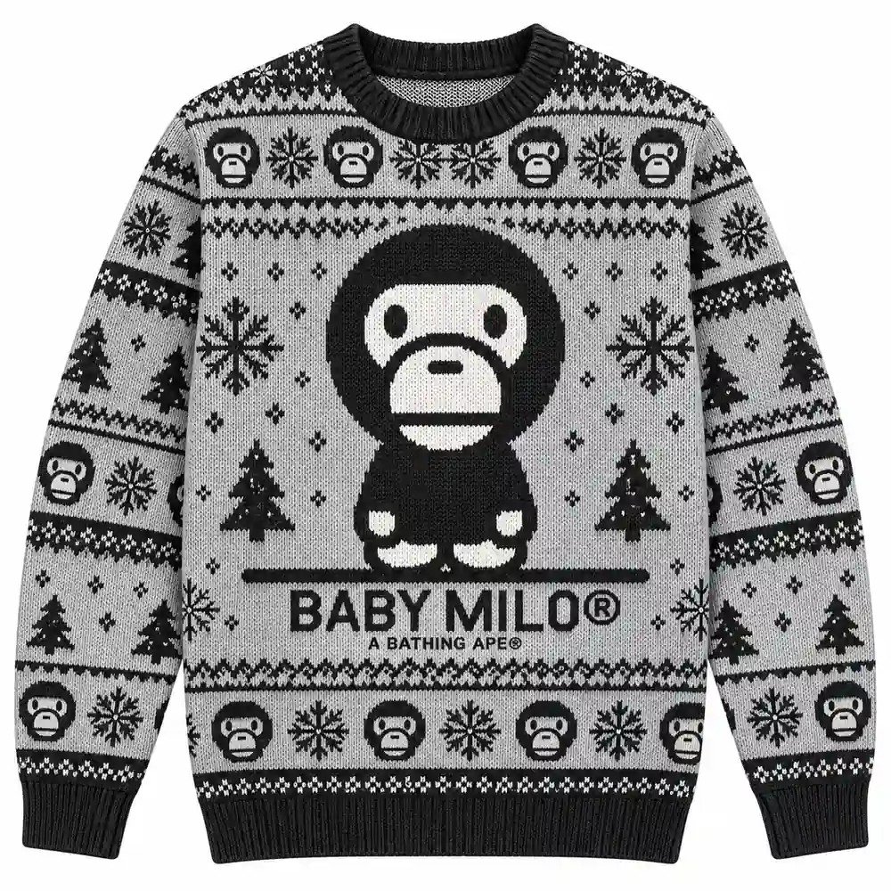 Baby Milo A Bathing Ape Merch Black And White Mascot Christmas Ugly Sweater Gift