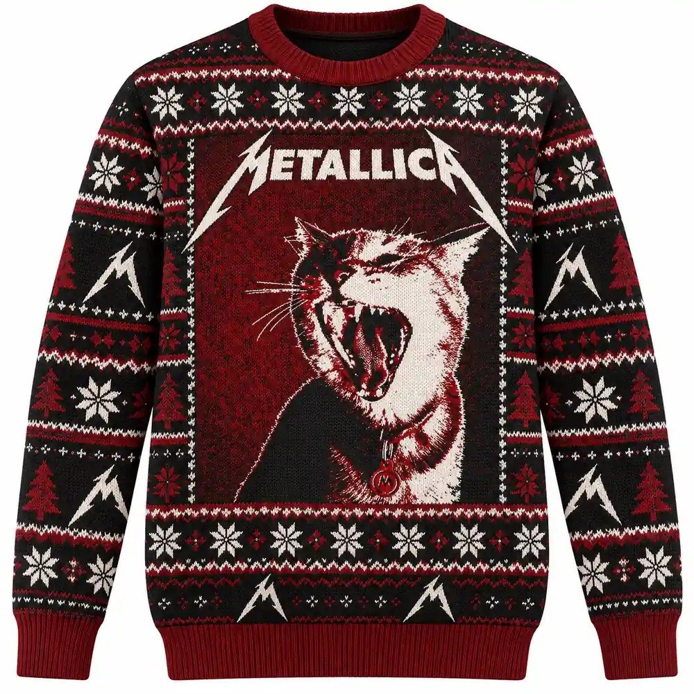 Metallica Merch Screaming Cat Christmas Red Ugly Sweater Metal Fans Gift