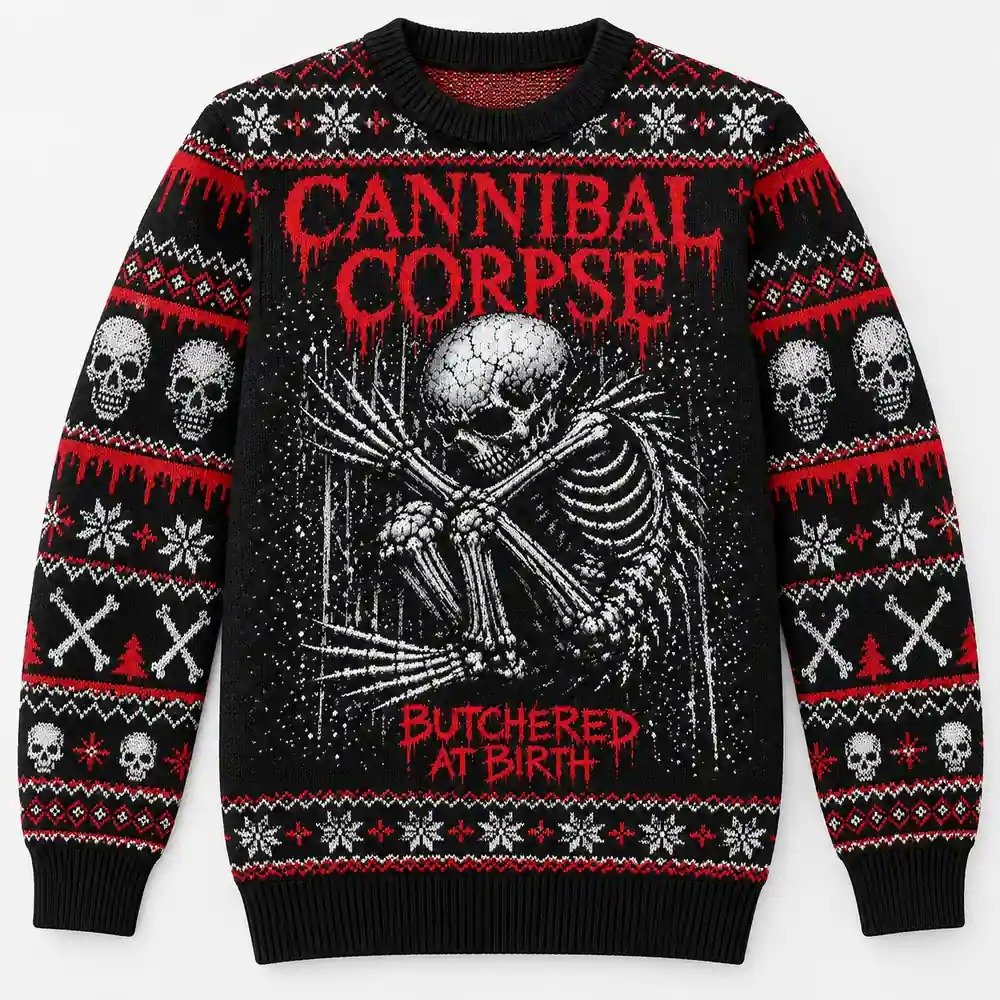 Cannibal Corpse Merch Butchered At Birth Skeleton Christmas Ugly Sweater Metal Fans Gift