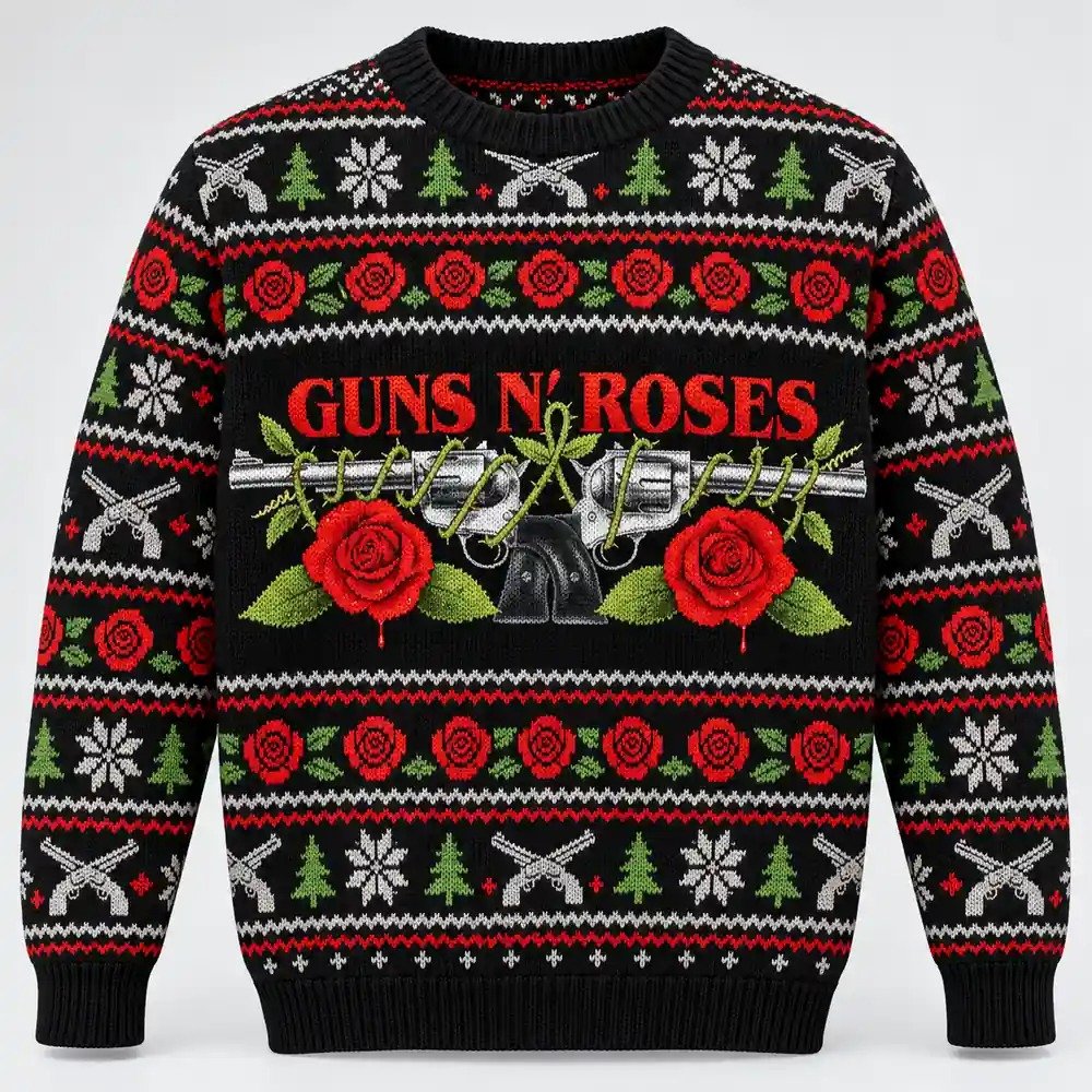 Guns N_ Roses Merch Silver Revolvers Red Roses And Vines Christmas Ugly Sweater Gift