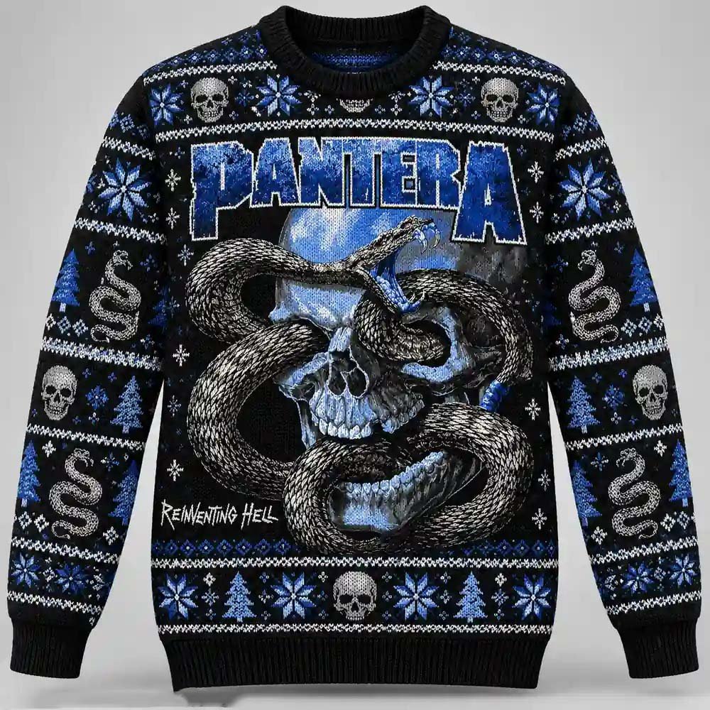 Pantera Merch Reinventing Hell Snake And Skull Christmas Ugly Sweater Metal Fans Gift