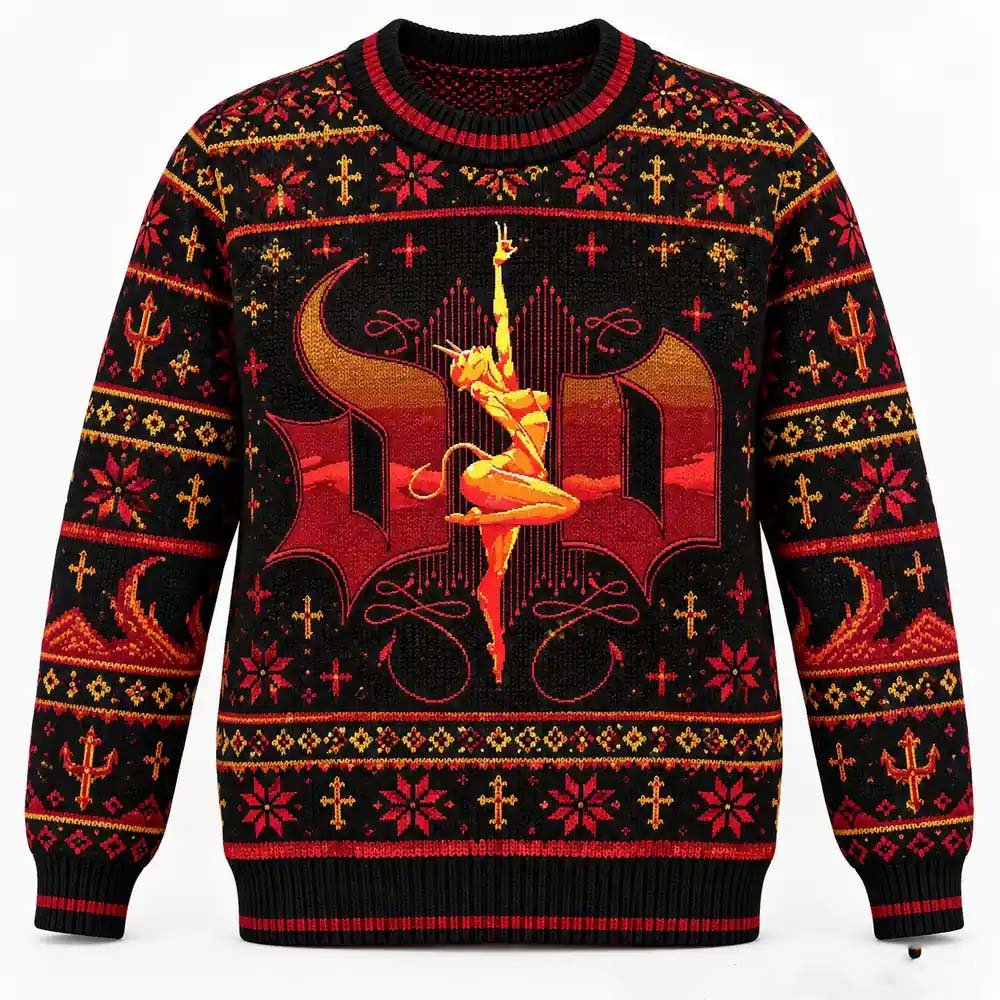 Dio Merch Devil Woman Red And Gold Logo Christmas Ugly Sweater Rock Music Lover Gift