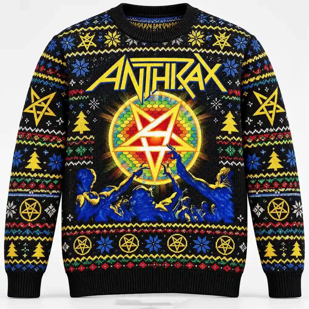 Anthrax Merch Rainbow Emblem Concert Crowd Christmas Ugly Sweater Rockers Gift