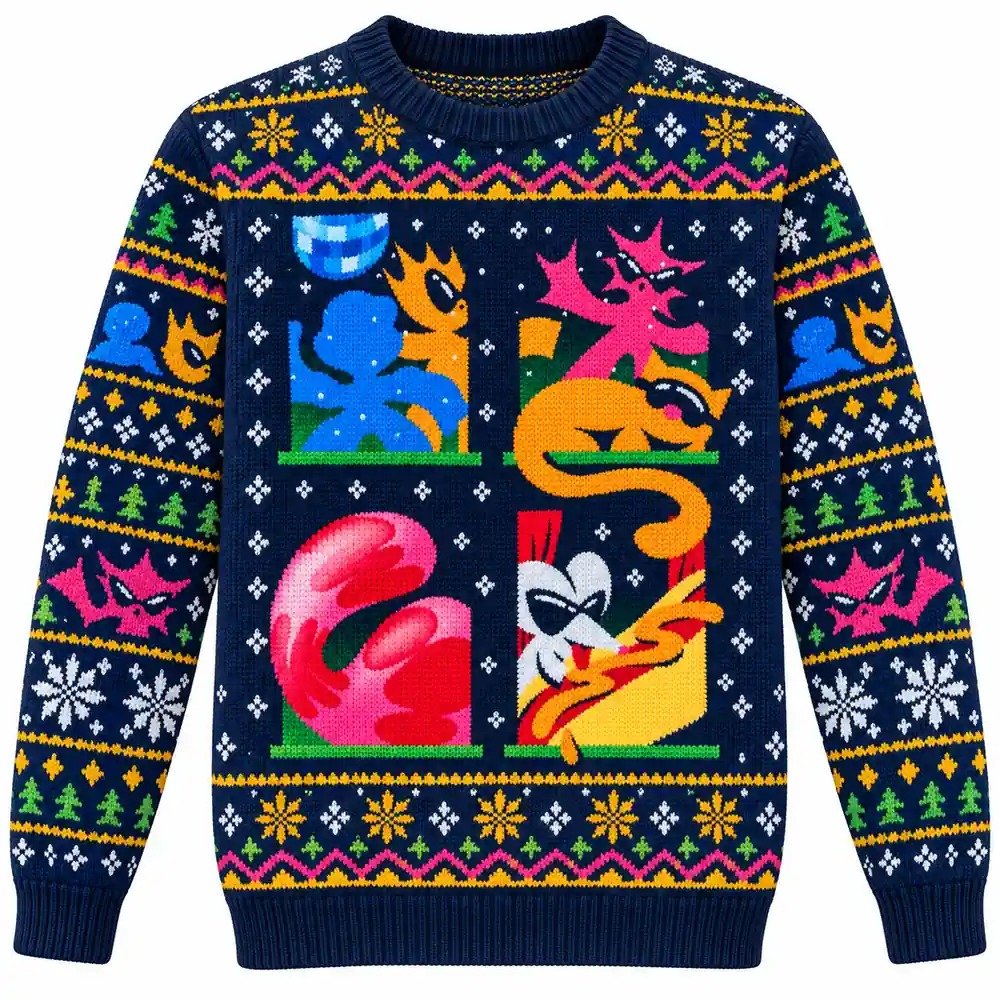 Harry Styles Merch Colorful Cartoon Creatures Four Panel Navy Christmas Ugly Sweater Gift