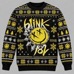 Blink-182 Merch Yellow Smiley Silver Stars Christmas Ugly Sweater Rock Music Lover Gift