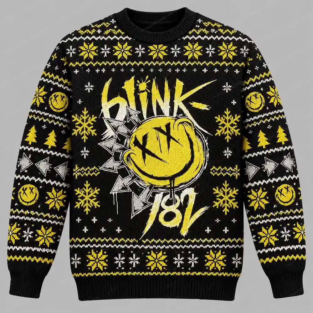 Blink-182 Merch Yellow Smiley Silver Stars Christmas Ugly Sweater Rock Music Lover Gift