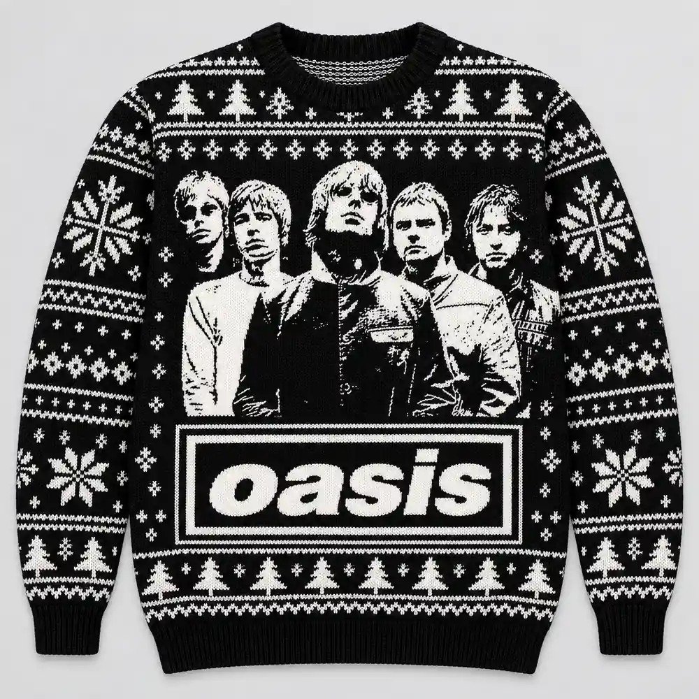 Oasis Merch Band Portrait Box Logo Christmas Ugly Sweater Rock Music Lover Gift