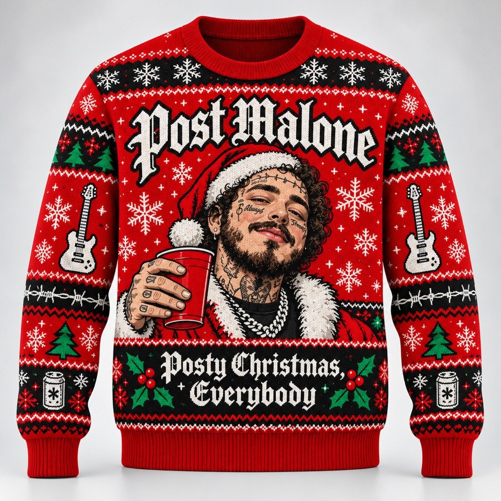 Post Malone Merch Posty Christmas Everybody Santa Portrait Red Ugly Sweater Hip Hop Fans Gift