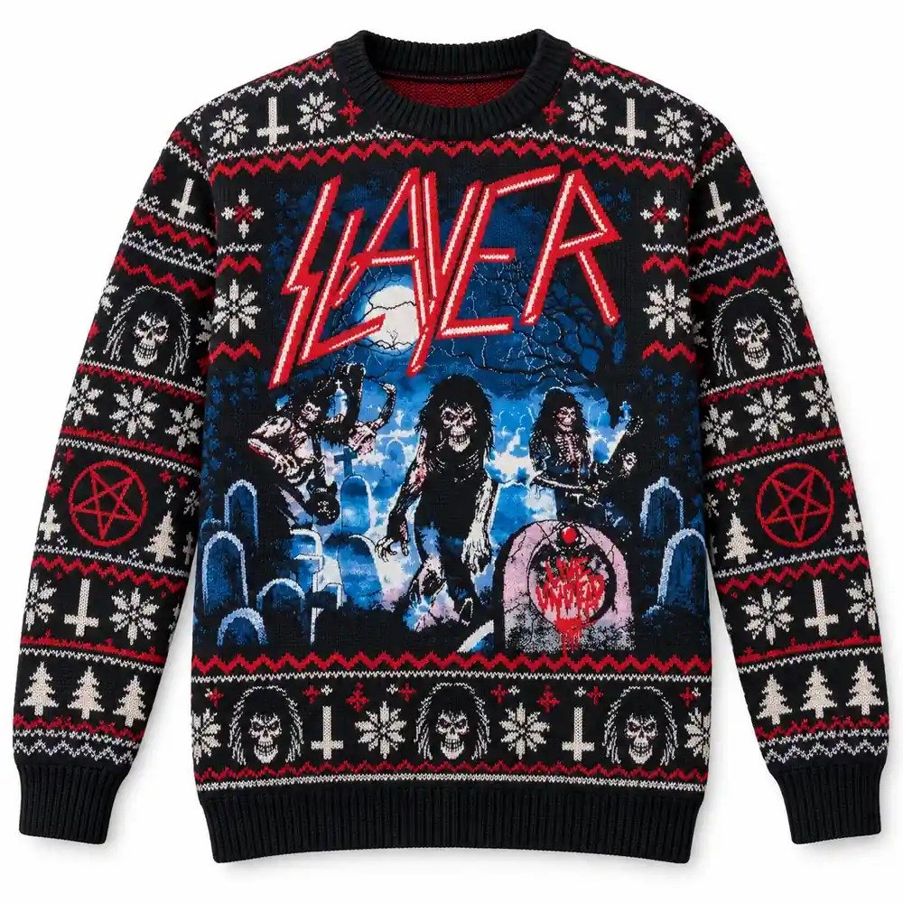 Slayer Merch Band Portrait Graveyard Artwork Christmas Ugly Sweater Metal Fans Gift