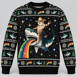 Cowboy Cat Christmas Merch Riding Rainbow Shark Space Ugly Sweater Cat Lovers Gift