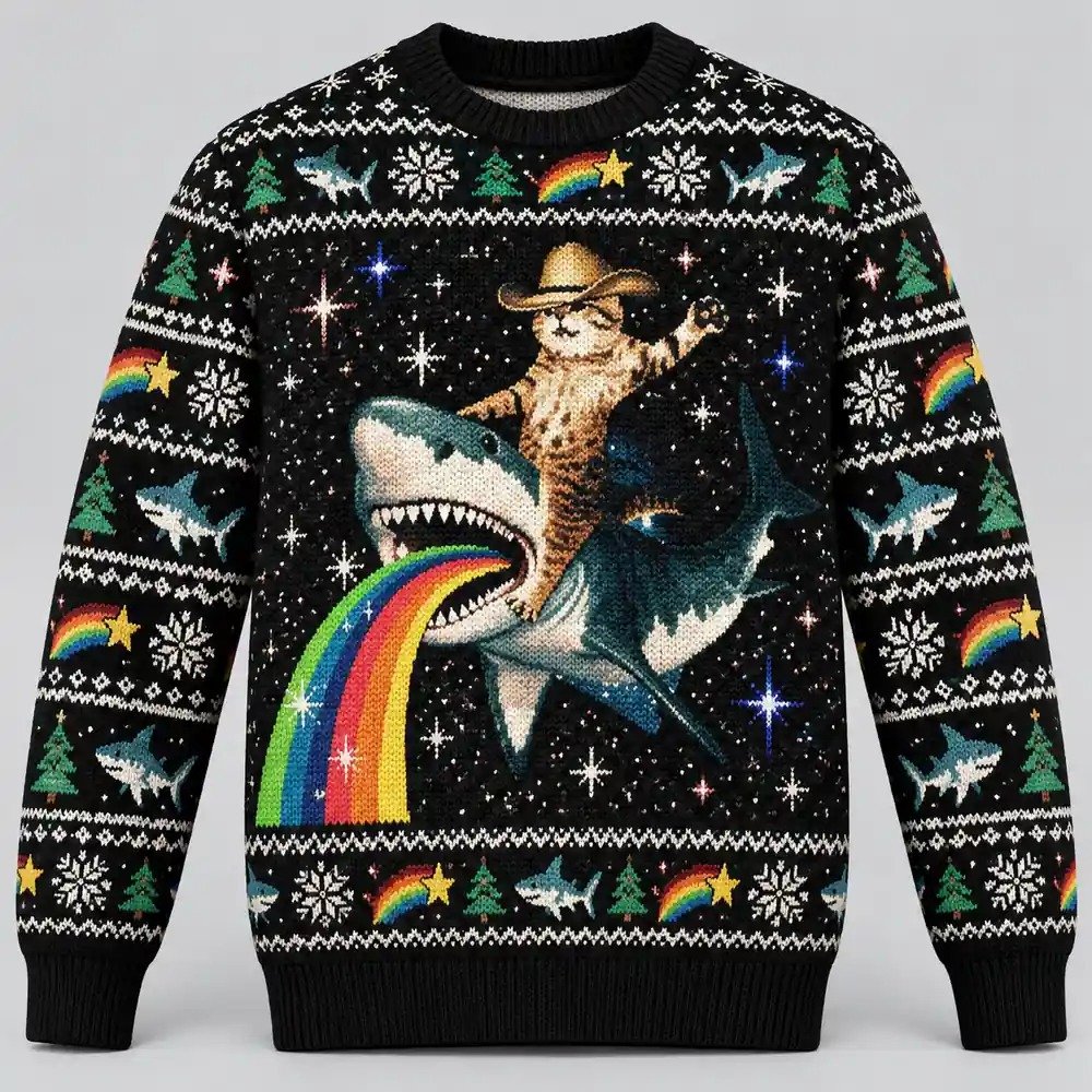 Cowboy Cat Christmas Merch Riding Rainbow Shark Space Ugly Sweater Cat Lovers Gift